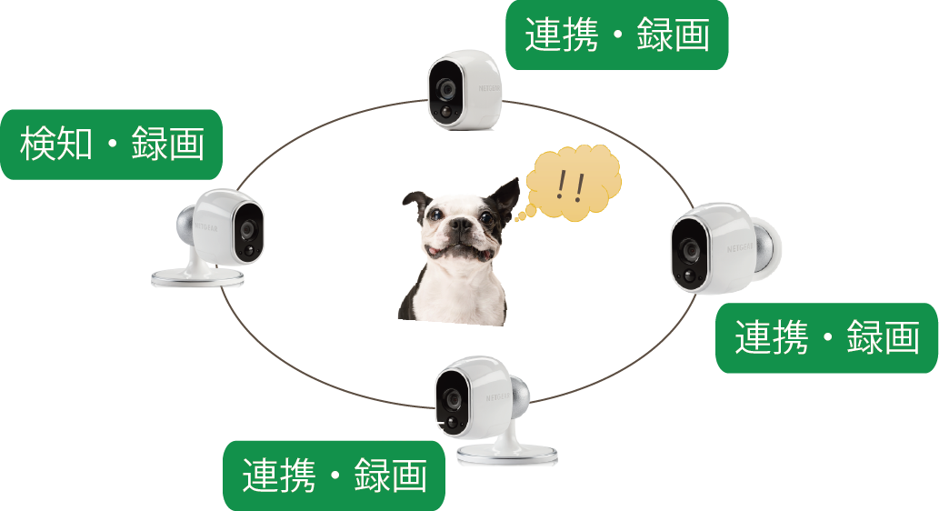 Arlo(アーロ)複数台の広角カメラ(110°)カメラが連携、死角をなくします 複数台の広角カメラ(110°)カメラが連携、死角をなくします